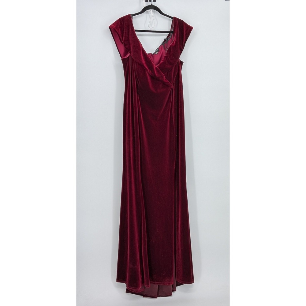 Xscape 22W $199 Burgundy Red Velvet Off Shoulder Midi Evening Formal Gown 398XW‎